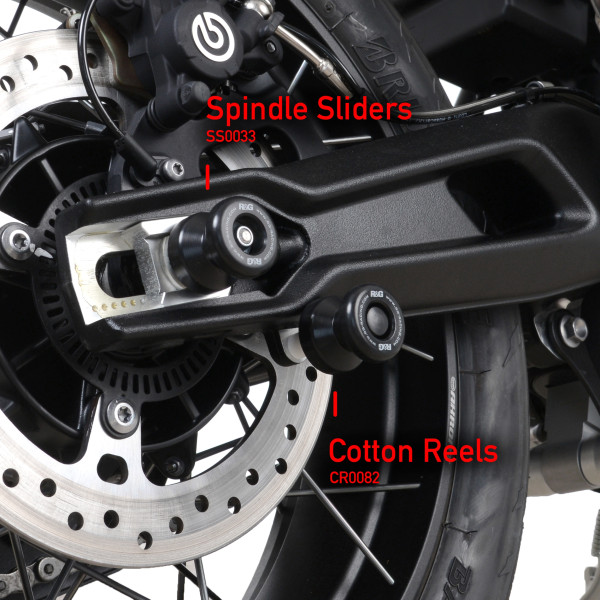 R&G Spindle Sliders for the Triumph Tiger 800 & XC '11- / XCX & XRX '15- / XCA '18- , Tiger 900 '20- & Tiger 850 Sport '21-